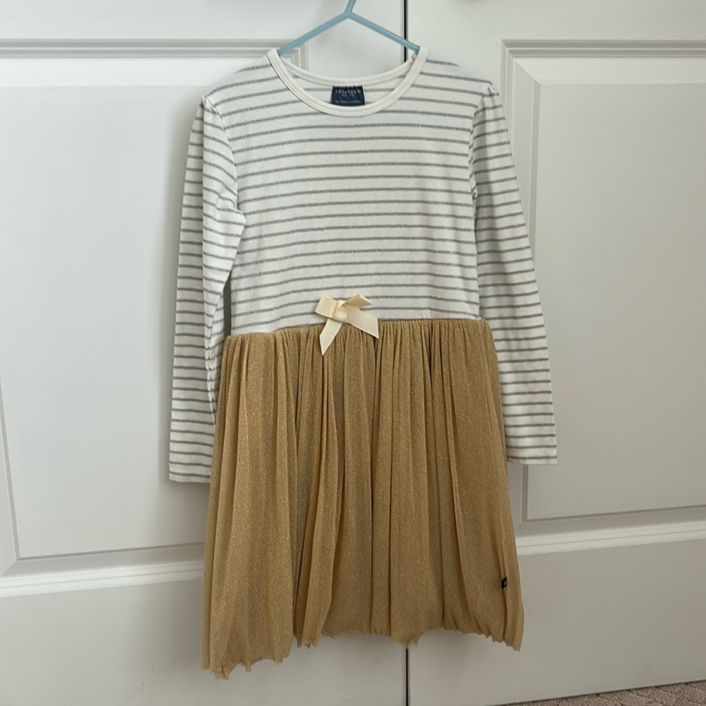 Toobydoo white, silver and gold long sleeve dress with gold lined tulle. Size 7